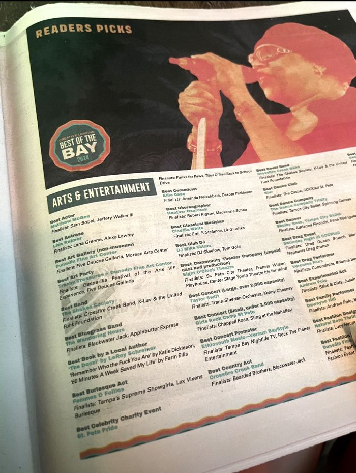 A printed Best of the Bay readers&rsquo; poll page. Under Best Book by a Local Author, Remember Who the Fuck You Are by Katie Dickieson is listed as a finalist.