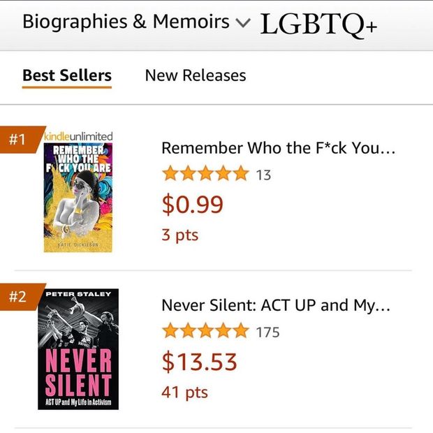 Amazon Best Sellers list for LGBTQ+ Biographies and Memoirs, with Remember Who the F*ck You Are at number one.