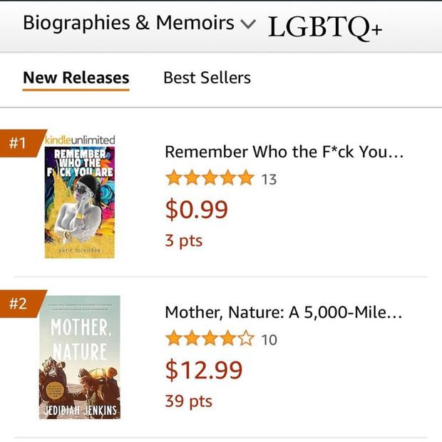 Amazon New Releases list for LGBTQ+ Biographies and Memoirs, with the book at number one.