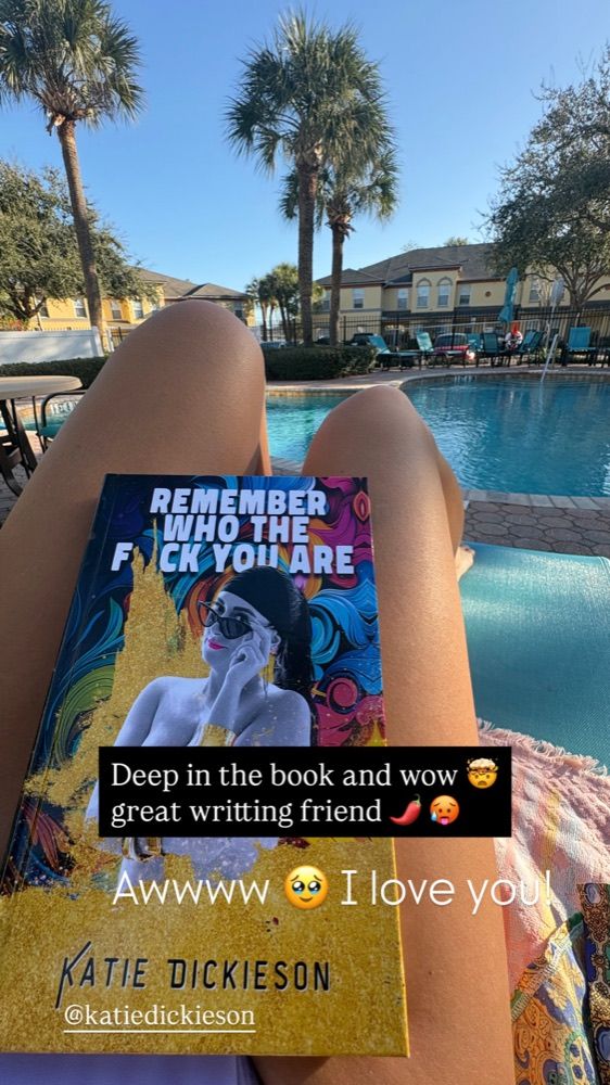 A phone screenshot of a reader by a pool with the paperback on her lap, and a message reading Deep in the book and wow, great writing friend.